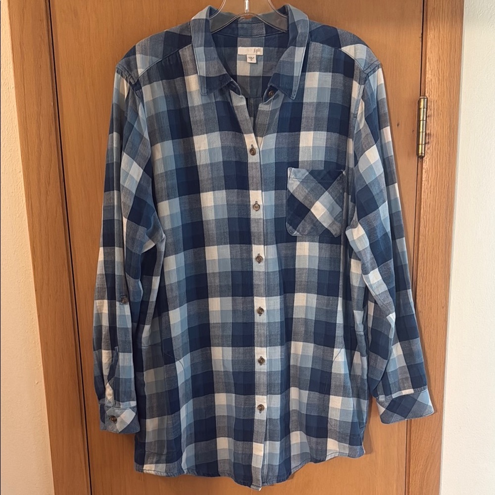 J. Jill Women’s Plaid Cotton Button-Up Tunic Shirt Blue Size XL